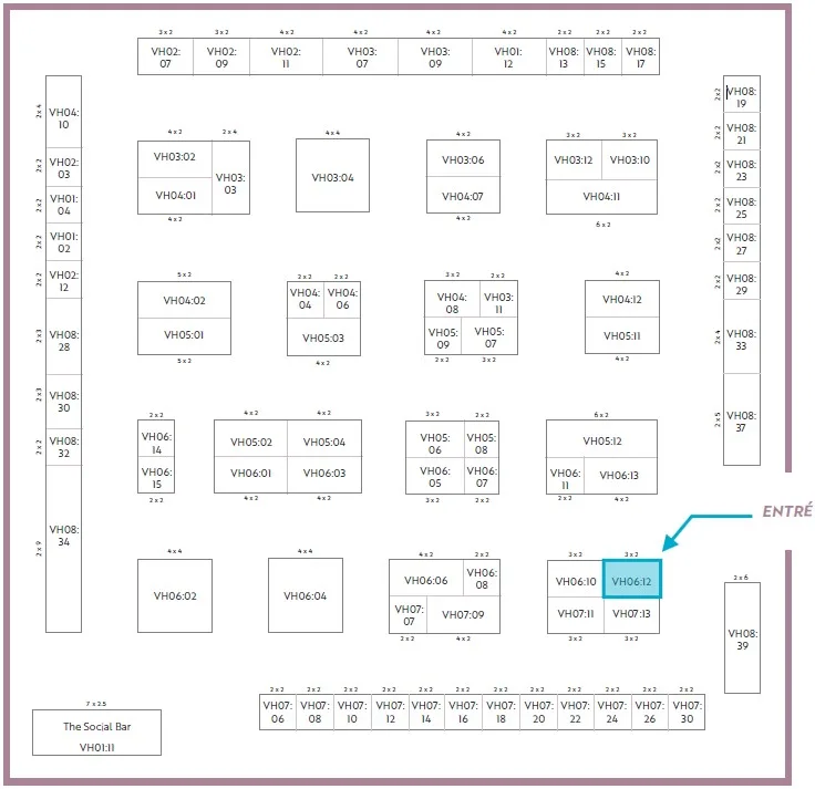 Karta över mässan med montern VH06:12 markerad nära entrén.